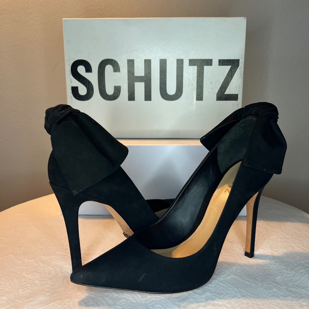 Schutz Blasiana Black Suede High Heel Stiletto Dress Pointed Toe Bow Tie Pumps